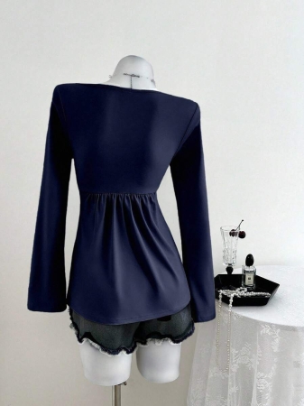 Elamini Women's Casual Twist Front V-Neck Long Sleeve T-Shirt, Versatile New Style, Spring/Autumn - Image 71