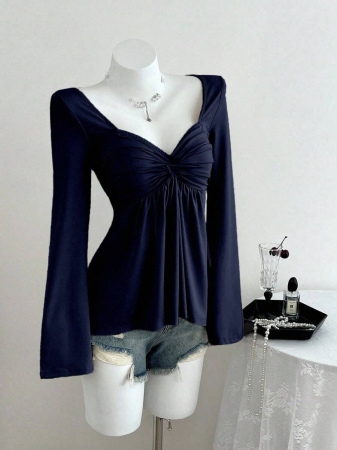 Elamini Women's Casual Twist Front V-Neck Long Sleeve T-Shirt, Versatile New Style, Spring/Autumn - Image 72