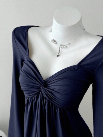 Elamini Women's Casual Twist Front V-Neck Long Sleeve T-Shirt, Versatile New Style, Spring/Autumn - Image 73