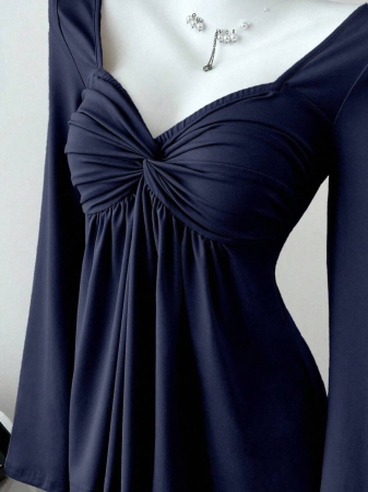 Elamini Women's Casual Twist Front V-Neck Long Sleeve T-Shirt, Versatile New Style, Spring/Autumn - Image 74