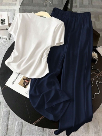 Resyla Women's Casual Ruched T-Shirt And Pants 2 Pieces Set, Summer - Image 23