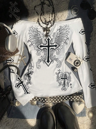 Noixe Y2K Women's Printed T-Shirt, Plum Blossom T-Shirt, Suitable For Autumn And Winter, Fashionable, Printed T-Shirt, Fashionable T-Shirt, Gifts For Brothers And Sisters, Gifts For Sisters, Cute T-Shirt, 2000S Retro T-Shirt, Casual And Simple, Fashionable T-Shirt - Image 2