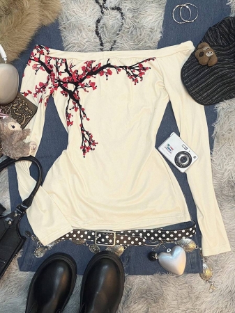 Noixe Y2K Women's Printed T-Shirt, Plum Blossom T-Shirt, Suitable For Autumn And Winter, Fashionable, Printed T-Shirt, Fashionable T-Shirt, Gifts For Brothers And Sisters, Gifts For Sisters, Cute T-Shirt, 2000S Retro T-Shirt, Casual And Simple, Fashionable T-Shirt - Image 13