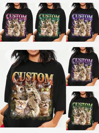 Oversized Shirt, Gift For Girlfriend/Wife, Valentine's Gift, Pet Family Customized, Custom Women's T-Shirt Shirt - Add Your Own Text And Images (Family Photo/Selfie/Pet Photo/Friend Photo/Party Photo) To Design Your Personalized Printed T-Shirt, Youth/Couple/Family/Pet Photo, Anniversary Gift,Chic Autumn, Utilitarian Chic, Fall New Style Women, Graphic Print - Image 4