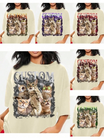 Oversized Shirt, Gift For Girlfriend/Wife, Valentine's Gift, Pet Family Customized, Custom Women's T-Shirt Shirt - Add Your Own Text And Images (Family Photo/Selfie/Pet Photo/Friend Photo/Party Photo) To Design Your Personalized Printed T-Shirt, Youth/Couple/Family/Pet Photo, Anniversary Gift,Chic Autumn, Utilitarian Chic, Fall New Style Women, Graphic Print - Image 44