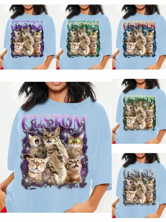 Oversized Shirt, Gift For Girlfriend/Wife, Valentine's Gift, Pet Family Customized, Custom Women's T-Shirt Shirt - Add Your Own Text And Images (Family Photo/Selfie/Pet Photo/Friend Photo/Party Photo) To Design Your Personalized Printed T-Shirt, Youth/Couple/Family/Pet Photo, Anniversary Gift,Chic Autumn, Utilitarian Chic, Fall New Style Women, Graphic Print - Image 52