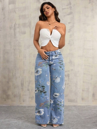 Floral Print Women's Pocket Wide Leg Loose Casual Jeans - Image 4