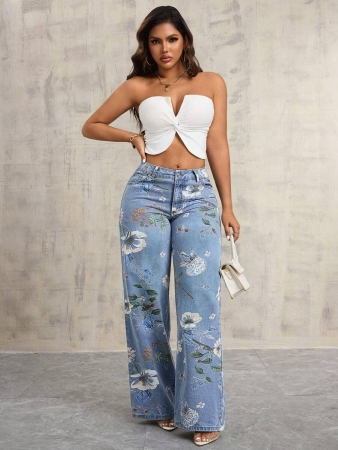 Floral Print Women's Pocket Wide Leg Loose Casual Jeans - Image 5
