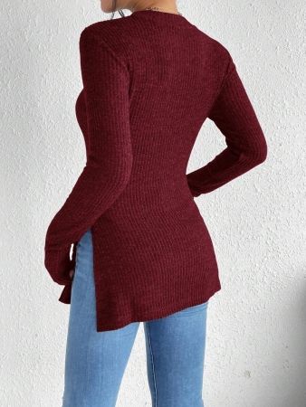 SHEIN Frenchy Split Hem Ribbed Knit Tee Winter Christmas Red - Image 3