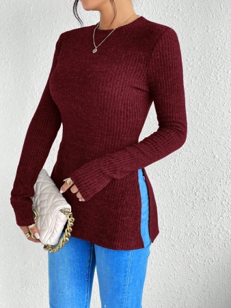 SHEIN Frenchy Split Hem Ribbed Knit Tee Winter Christmas Red - Image 4