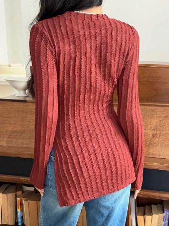 SHEIN Frenchy Split Hem Ribbed Knit Tee Winter Christmas Red - Image 8