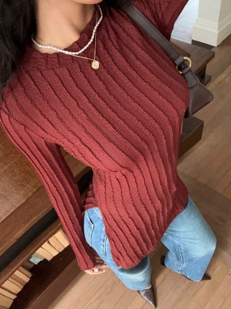 SHEIN Frenchy Split Hem Ribbed Knit Tee Winter Christmas Red - Image 9