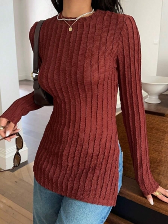 SHEIN Frenchy Split Hem Ribbed Knit Tee Winter Christmas Red - Image 10