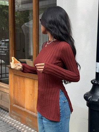 SHEIN Frenchy Split Hem Ribbed Knit Tee Winter Christmas Red - Image 11