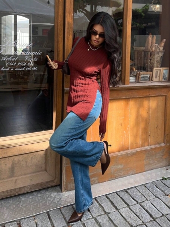 SHEIN Frenchy Split Hem Ribbed Knit Tee Winter Christmas Red - Image 12