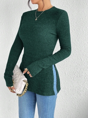 SHEIN Frenchy Split Hem Ribbed Knit Tee Winter Christmas Red - Image 18