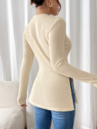 SHEIN Frenchy Split Hem Ribbed Knit Tee Winter Christmas Red - Image 21