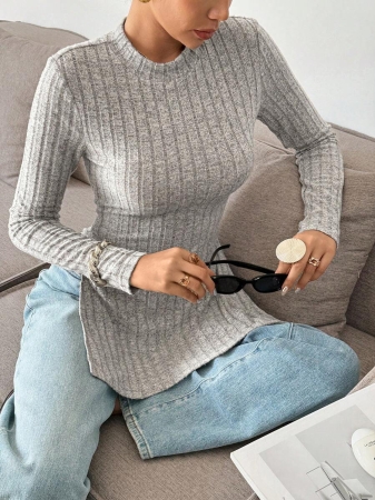 SHEIN Frenchy Split Hem Ribbed Knit Tee Winter Christmas Red - Image 26