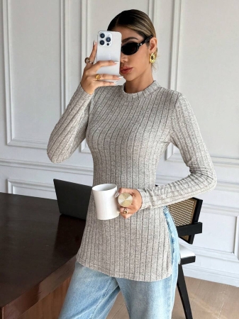 SHEIN Frenchy Split Hem Ribbed Knit Tee Winter Christmas Red - Image 30