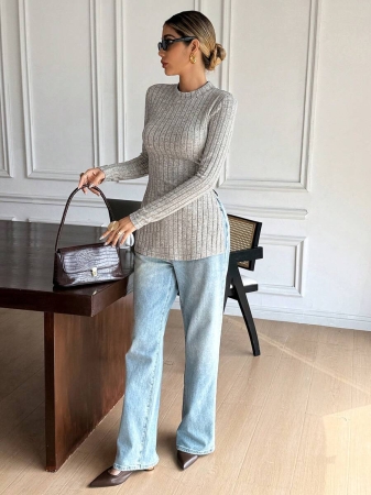 SHEIN Frenchy Split Hem Ribbed Knit Tee Winter Christmas Red - Image 31