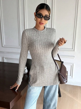 SHEIN Frenchy Split Hem Ribbed Knit Tee Winter Christmas Red - Image 32