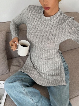 SHEIN Frenchy Split Hem Ribbed Knit Tee Winter Christmas Red - Image 33