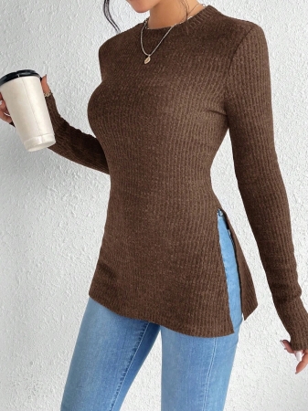 SHEIN Frenchy Split Hem Ribbed Knit Tee Winter Christmas Red - Image 37