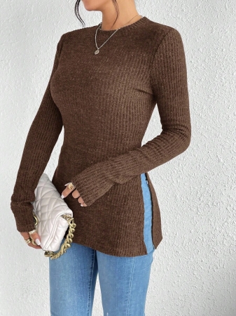 SHEIN Frenchy Split Hem Ribbed Knit Tee Winter Christmas Red - Image 38