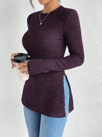 SHEIN Frenchy Split Hem Ribbed Knit Tee Winter Christmas Red - Image 39