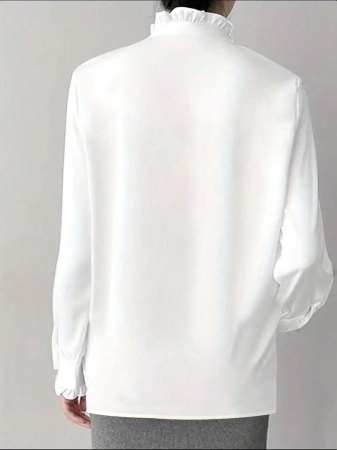 White Ruffle Collar Blouse For Women, Solid Color Minimalist Casual Everyday Wear - Image 3
