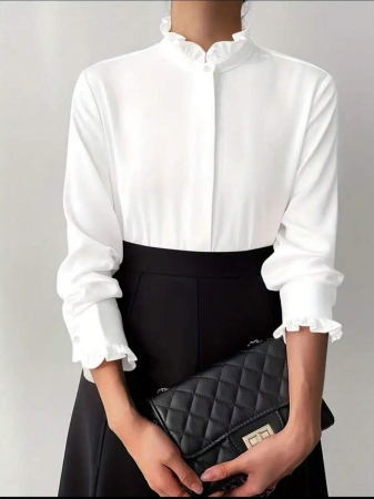 White Ruffle Collar Blouse For Women, Solid Color Minimalist Casual Everyday Wear - Image 4