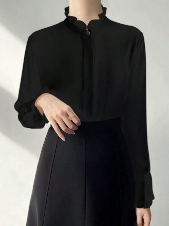 White Ruffle Collar Blouse For Women, Solid Color Minimalist Casual Everyday Wear - Image 5