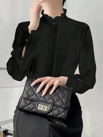 White Ruffle Collar Blouse For Women, Solid Color Minimalist Casual Everyday Wear - Image 7