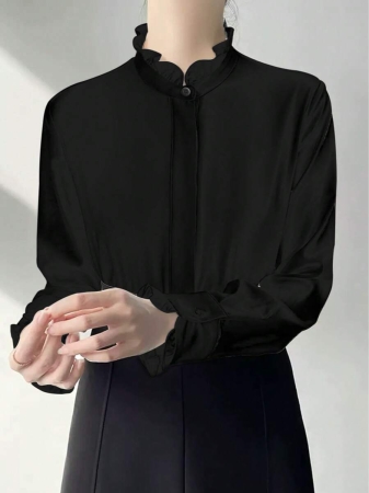 White Ruffle Collar Blouse For Women, Solid Color Minimalist Casual Everyday Wear - Image 8