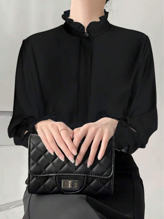 White Ruffle Collar Blouse For Women, Solid Color Minimalist Casual Everyday Wear - Image 9