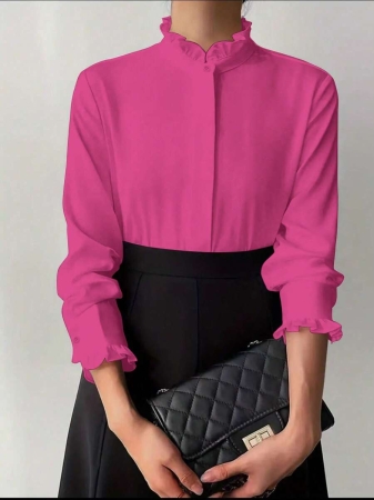 White Ruffle Collar Blouse For Women, Solid Color Minimalist Casual Everyday Wear - Image 10