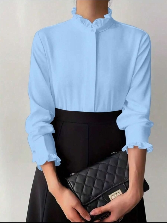 White Ruffle Collar Blouse For Women, Solid Color Minimalist Casual Everyday Wear - Image 13