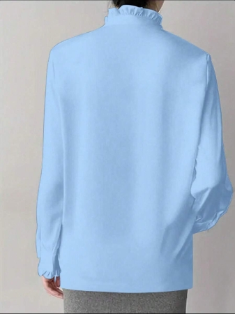White Ruffle Collar Blouse For Women, Solid Color Minimalist Casual Everyday Wear - Image 14