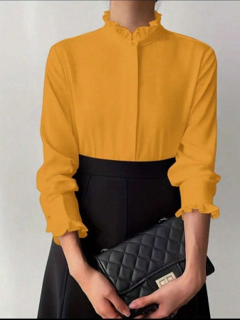 White Ruffle Collar Blouse For Women, Solid Color Minimalist Casual Everyday Wear - Image 18