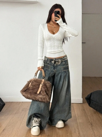 Coolane Women's Fall Winter Vintage Preppy Y2K Daily Wear Going Out Renaissance Fair Club Outfits White V-Neck Sweater - Image 7