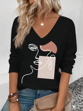 INAWLY Women's V-Neck Flare Sleeve Gradient Heart Print Casual Long Sleeve T-Shirt, Versatile Best Seller Fall Cloth For Women - Image 2