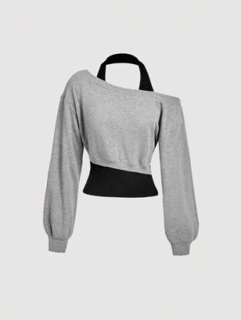 SHEIN MOD Women Asymmetrical Neck Grey 2 In 1 Sweatshirt In Fall/Winter