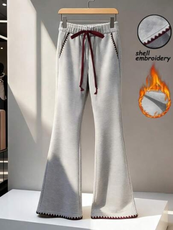 Franclia Women's Casual Cinched Waist Flared Pants, Fashionable French Style Loose Fit Grey Sweatpants For Autumn/Winter