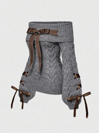 ROMWE Kawaii Cute Bowknot Off Shoulder Lantern Sleeve Fitted Sweater - Image 2