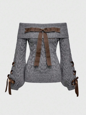 ROMWE Kawaii Cute Bowknot Off Shoulder Lantern Sleeve Fitted Sweater - Image 3