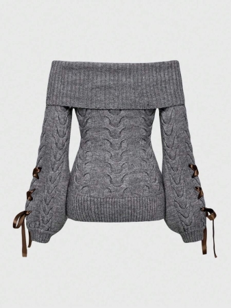 ROMWE Kawaii Cute Bowknot Off Shoulder Lantern Sleeve Fitted Sweater - Image 4