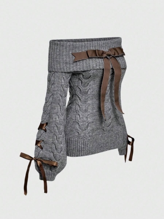 ROMWE Kawaii Cute Bowknot Off Shoulder Lantern Sleeve Fitted Sweater - Image 6