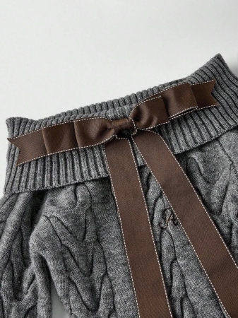 ROMWE Kawaii Cute Bowknot Off Shoulder Lantern Sleeve Fitted Sweater - Image 7