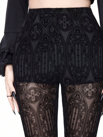 ROMWE Goth Gothic Palace Style Flocked Sheer Leggings - Image 3