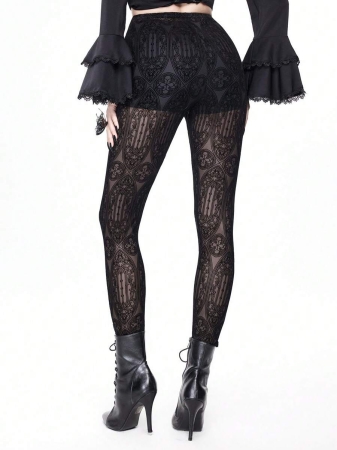 ROMWE Goth Gothic Palace Style Flocked Sheer Leggings - Image 4